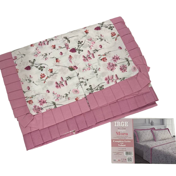 Completo Lenzuola Irge Mora Letto Matrimoniale Cotone 100% Stampato Con Volant