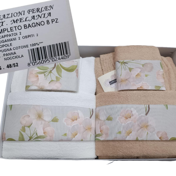 Set Completo Bagno Accappatoio Asciugamani Ferlen Melania 8 Pz Made In Italy
