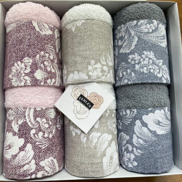 Set Asciugamani Bagno 3+3 Ferlen Flory Viso Ospite In Spugna 100% Cotone