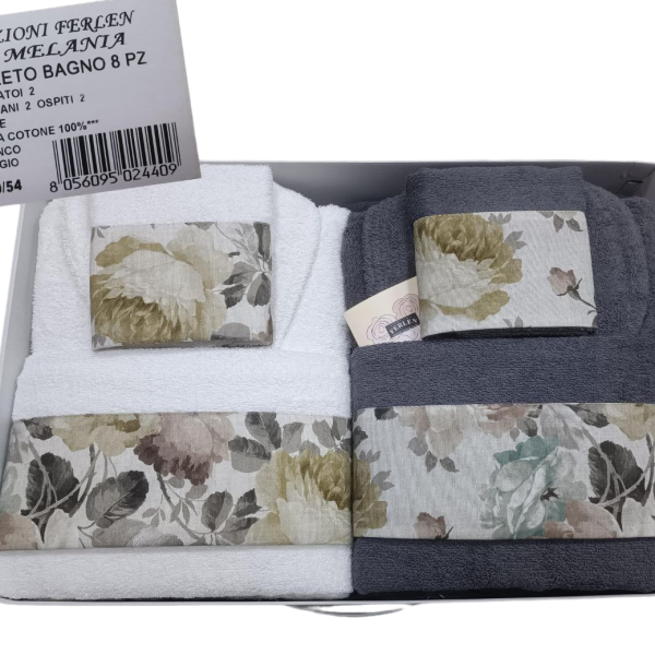 Set Completo Bagno Accappatoio Asciugamani Ferlen Melania 8 Pz Made In Italy
