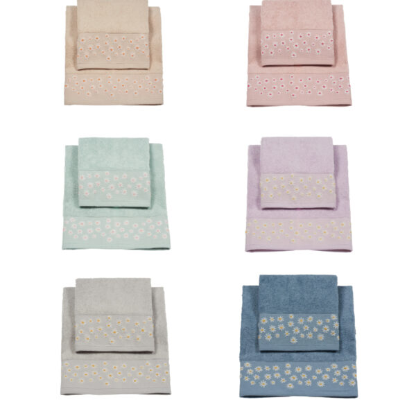 Set Asciugamani Bagno Vingi 6+6 “Daisy” Viso Ospite Ricamato 100% Spugna Cotone Set Asciugamani Bagno Vingi 6+6 “Daisy” Viso Ospite Ricamato 100% Spugna Cotone