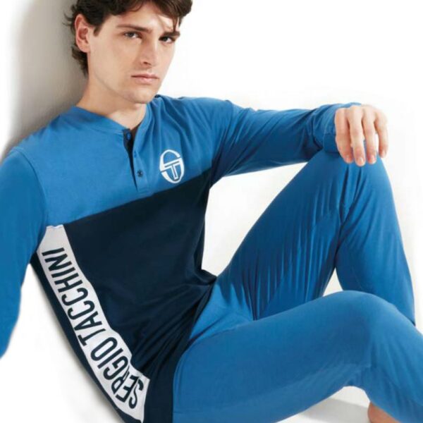 Pigiama Uomo Sergio Tacchini 100% Cotone Jersey Scollo Serafino Manica Lunga