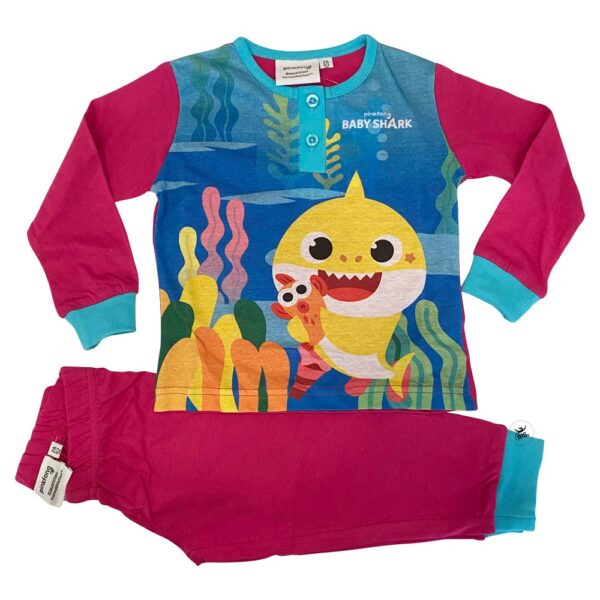 Pigiama Bimba Bambina Baby Shark Manica Lunga Primaverile In 100% Cotone