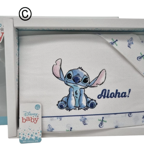Completo Lenzuola Disney Stitch Per Culla Lettino Neonato 100% Puro Cotone