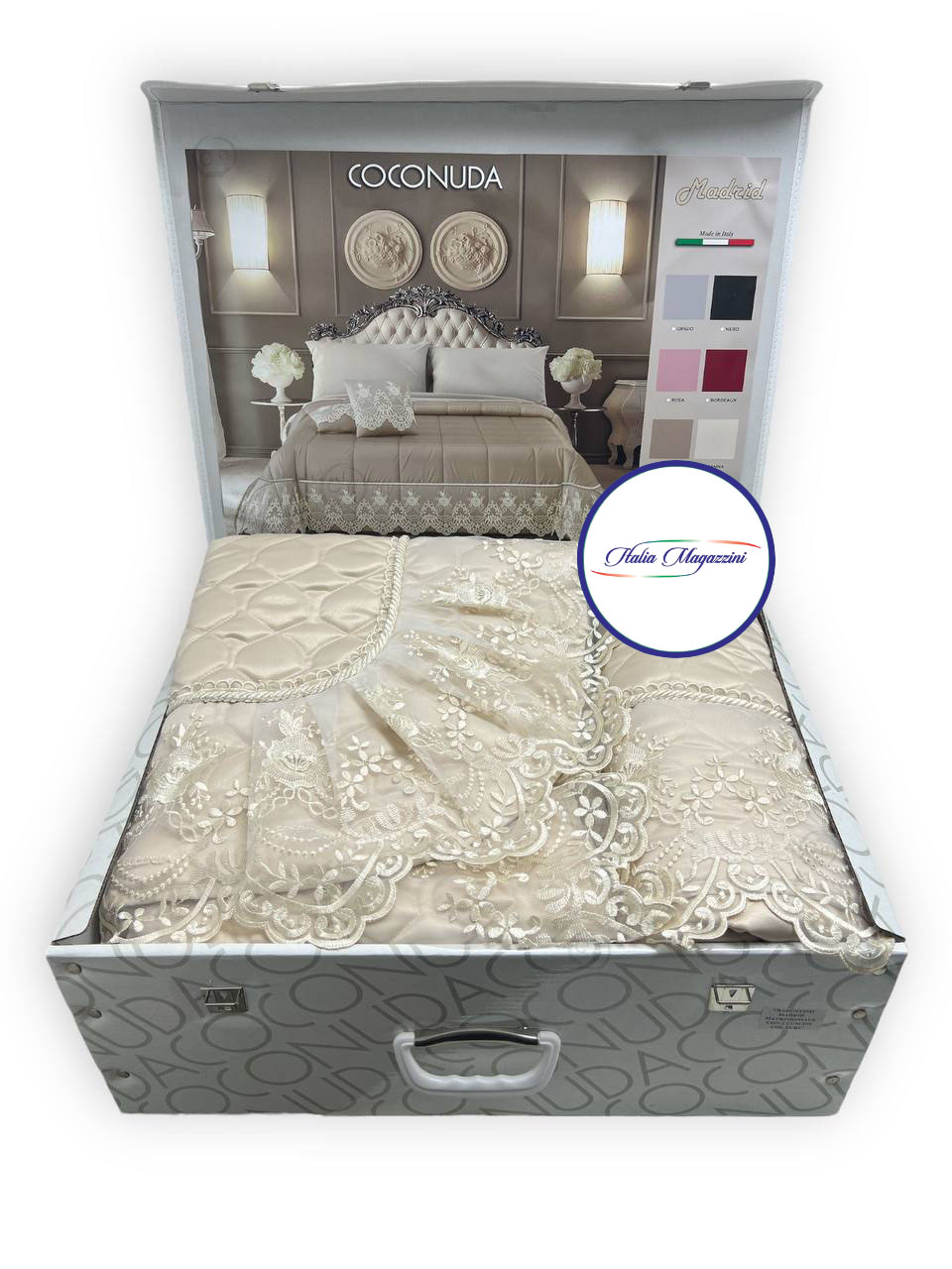 Copriletto Trapuntato Prima Notte - Bianco Avorio In Raso, Con Paillettes, 250x260cm - Foto 2