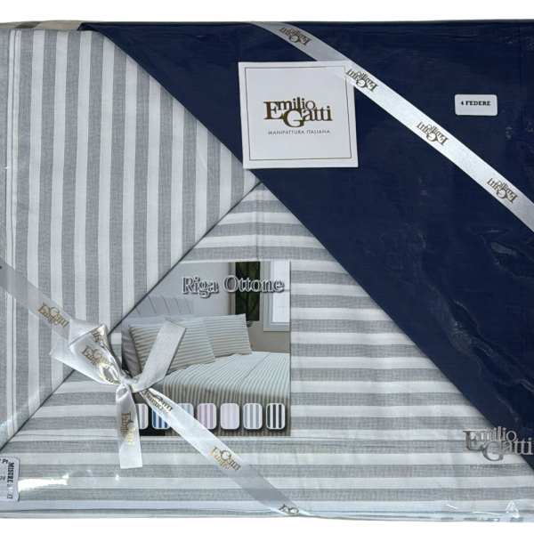 Completo Lenzuola Letto Matrimoniale Emilio Gatti Fantasia A Righe Cotone 100%