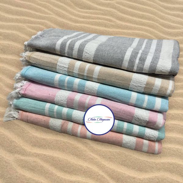 Telo Mare Piscina Lettino Fantasia A Righe Con Frange Misure 90×160 cm In Cotone