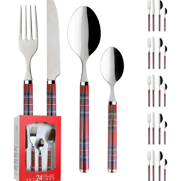 Set Posate 24 Pezzi In Acciaio Inox In Fantasia Tartan Scozzese Natalizia