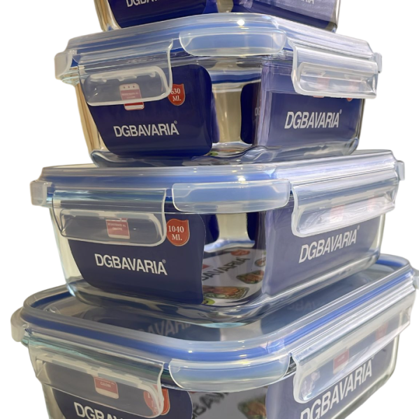 Set 4 Contenitori Rettangolari In Vetro Con Coperchio Ermetico Per Alimenti