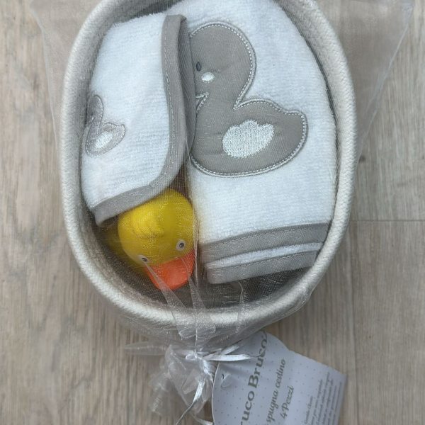 Set Spugna Bagno Cestino 4 Pezzi Bruco Bruco 100% Cotone Cestino e Asciugamani