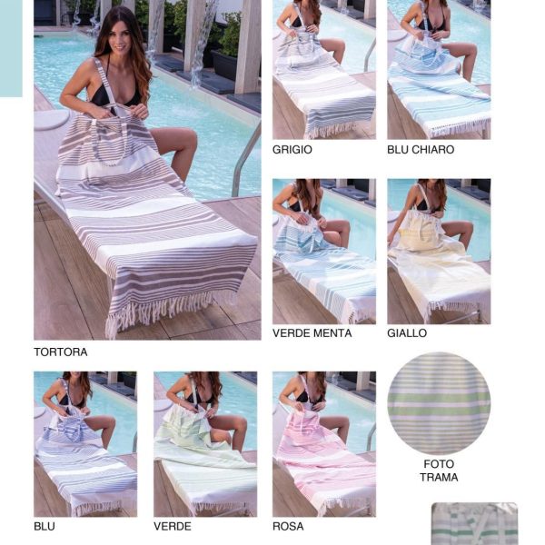Telo Mare Piscina Fouta Con Frange Con Manico Borsetta Misure 90×180 cm Cotone