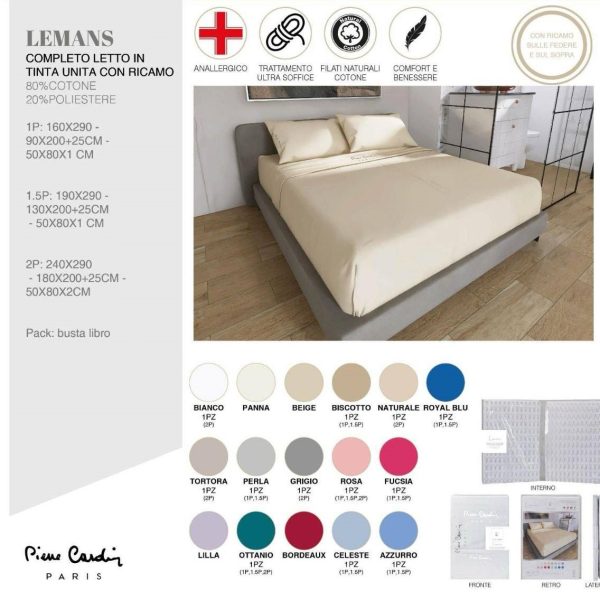 Completo Lenzuola Pierre Cardin Letto Matrimoniale In Cotone Tinta Unita