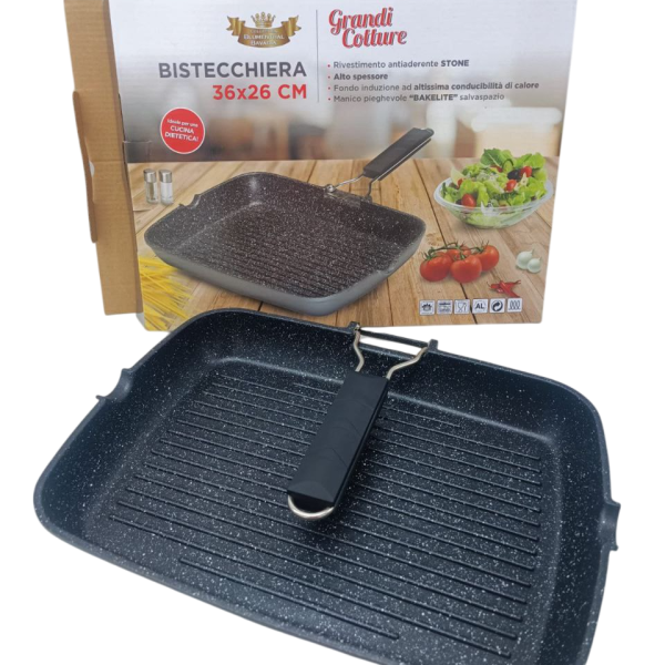 Bistecchiera In Pietra Antiaderente Rettangolare Quadrata Con Manico Pieghevole