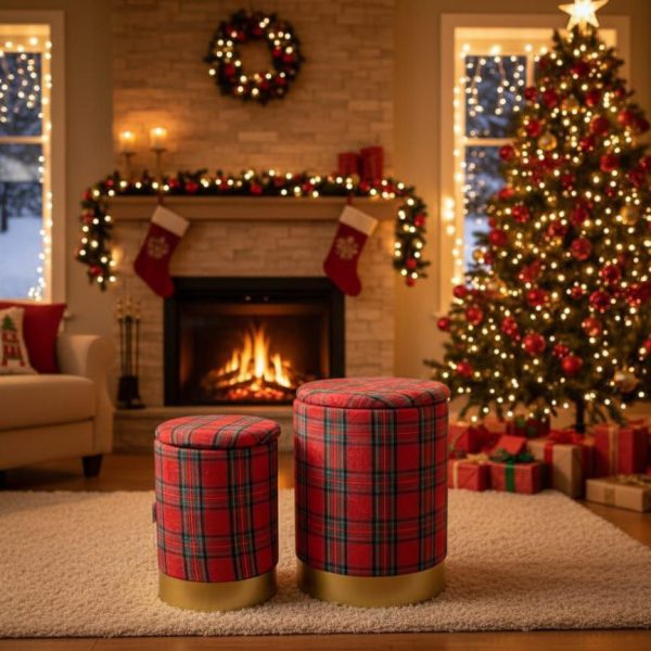 Set 2 Pouf Contenitore Rotondo In Velluto Design Scozzese Natale Casa Salotto Set 2 Pouf Contenitore Rotondo In Velluto Design Scozzese Natale Casa Salotto