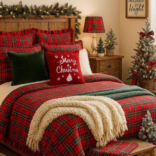 Completo Lenzuola Letto Matrimoniale In Flanella Stampa Natalizia Con Rouche