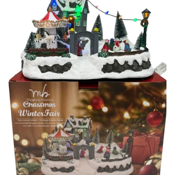 Villaggio Natalizio “Winter Fair” Con Giostrina Movimento Luci LED E Musica