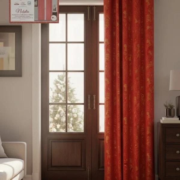 Coppia Tenda Preziosa Arredo Casa Con Anelli 140x290cm In Fantasia Natalizia