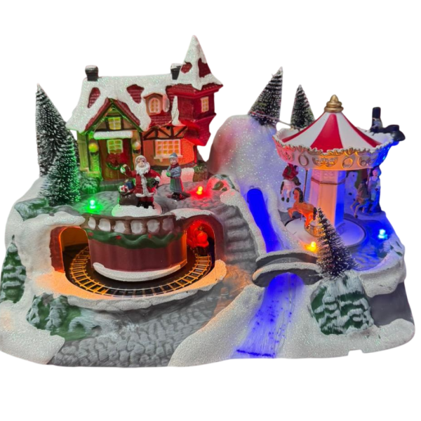 Villaggio Natalizio Irge Con Trenino e Giostrina Movimento Luci LED E Musica