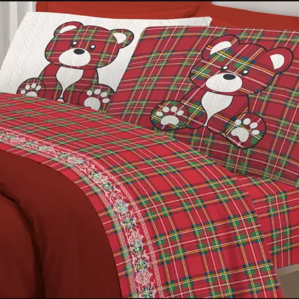 Completo Lenzuola Pensieri Delicati Orsetto Tartan In Cotone Letto Matrimoniale
