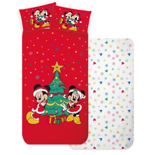 Completo Lenzuola Disney Mickey E Minnie Natalizio Letto Singolo 100% Cotone