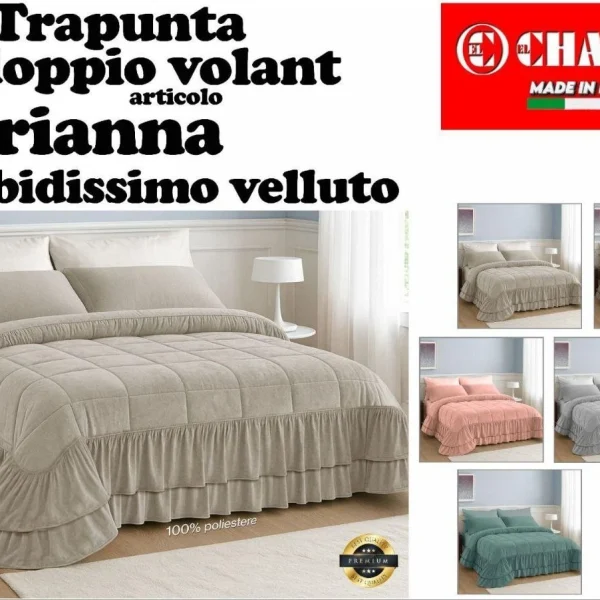 Trapunta Piumone Charro “Arianna” Letto Matrimoniale In Velluto Doppio Volant