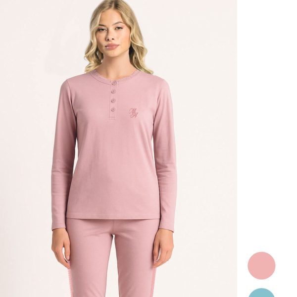 Pigiama Donna Milk and Honey in Cotone Leggero Con Maglia a Maniche Lunghe con Bottoni e Pantaloni