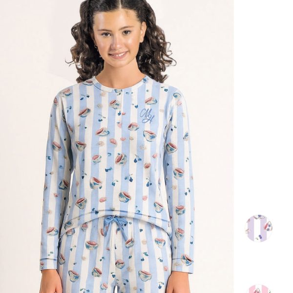 Pigiama Bambina e Ragazza in Cotone Leggero Milk and Honey con Maglia a Maniche Lunghe e Pantalone con Coulisse, Fantasia a Righe con Stampa