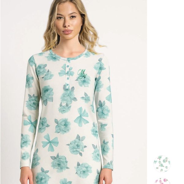 Camicia da Notte Calibrata Donna Maniche Lunghe Milk and Honey Modello Serafino con Bottoni, Fantasia Floreale Romantica con Fiocchi