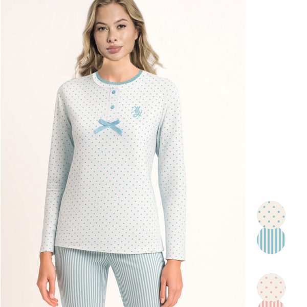 Pigiama da Donna Milk and Honey Maglia Modello Serafino con Bottoni Fiocco e Fantasia a Pois Pantalone Lungo a Righe