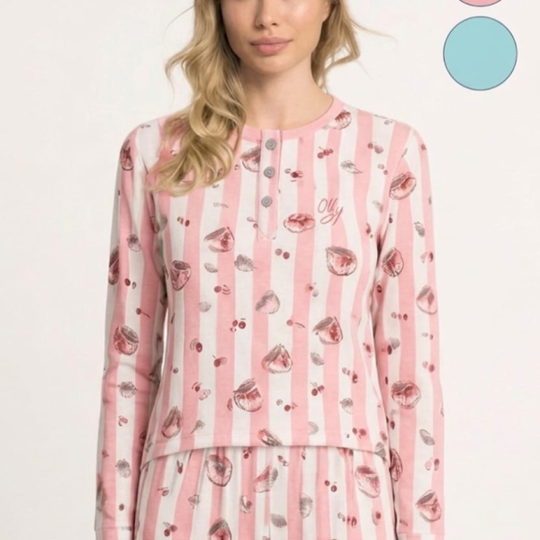 Pigiama Donna Milk and Honey in Cotone Leggero, con Maglia Maniche Lunghe e Pantalone con Coulisse, Fantasia a Righe e Stampa