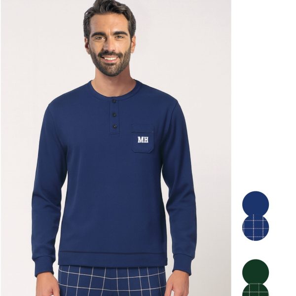 Pigiama Uomo Lungo Milk and Honey  in Cotone con Maglia Serafino con Bottoni e Taschino Pantalone Fantasia a Quadri