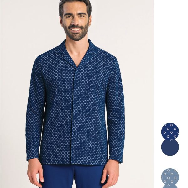 Pigiama Uomo Milk and Honey Lungo Elegante in Cotone con Camicia a Bottoni Fantasia Geometrica e Pantalone Tinta Unita