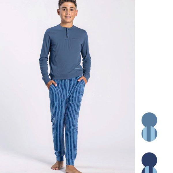 Pigiama Bambino Lungo Milk and Honey in Cotone con Maglia Serafino e Pantalone Fantasia a Righe
