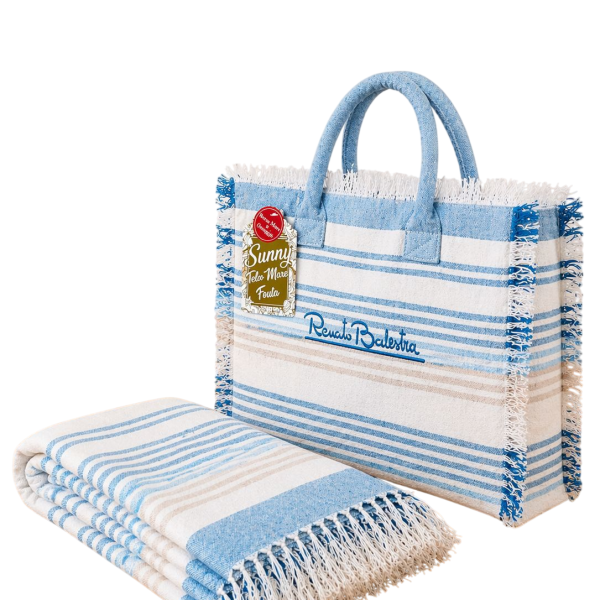 Telo Mare Fouta con Frange 90×170 cm con Borsa Coordinata Renato Balestra Con Zip, Leggero e Assorbente