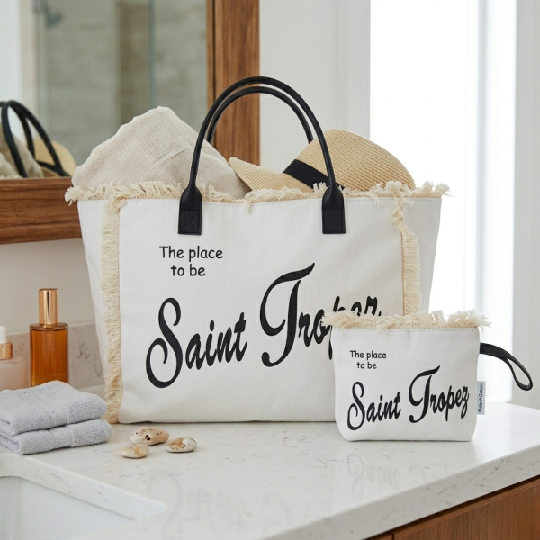 Borsa Da Mare Spiaggia in Tela con Frange – Shopping Bag Estiva Grande con Pochette Coordinata – Design Località Iconiche Borsa Da Mare Spiaggia in Tela con Frange – Shopping Bag Estiva Grande con Pochette Coordinata – Design Località Iconiche