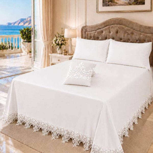 Copriletto Matrimoniale Laura Blasi Versailles Elegante con Balza in Pizzo Macramè con Cuscino Arredo Coordinato
